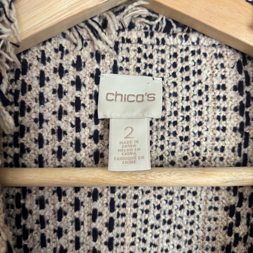 Chicos Geometric Fringe Open Front Cardigan Jacket Navy Cream Size 2 Large - Picture 3 of 5